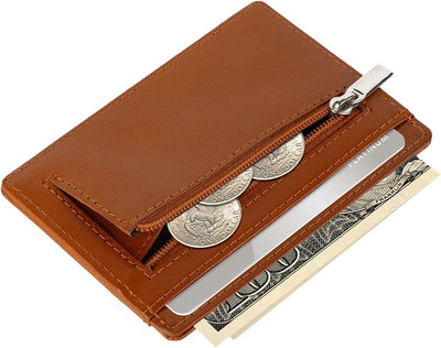 SKENZBI Slim Wallet RFID Secured Credit Card Holder Minimalist Wallet for Men - Leather Wallets for Men Card Holder (Brown ZIP EDITION)