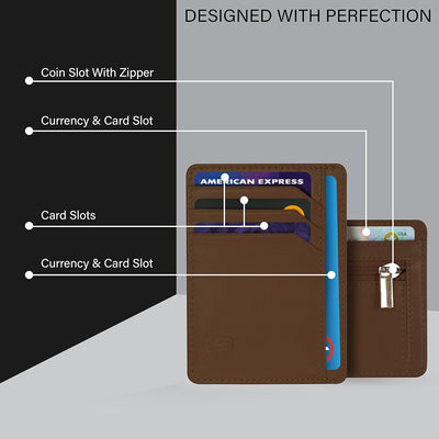 SKENZBI Slim Wallet RFID Secured Credit Card Holder Minimalist Wallet for Men - Leather Wallets for Men Card Holder (Brown ZIP EDITION)