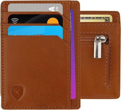 SKENZBI Slim Wallet RFID Secured Credit Card Holder Minimalist Wallet for Men - Leather Wallets for Men Card Holder (Brown ZIP EDITION)