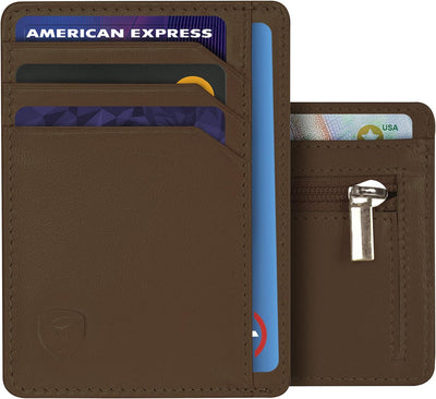 SKENZBI Slim Wallet RFID Secured Credit Card Holder Minimalist Wallet for Men - Leather Wallets for Men Card Holder (Brown ZIP EDITION)