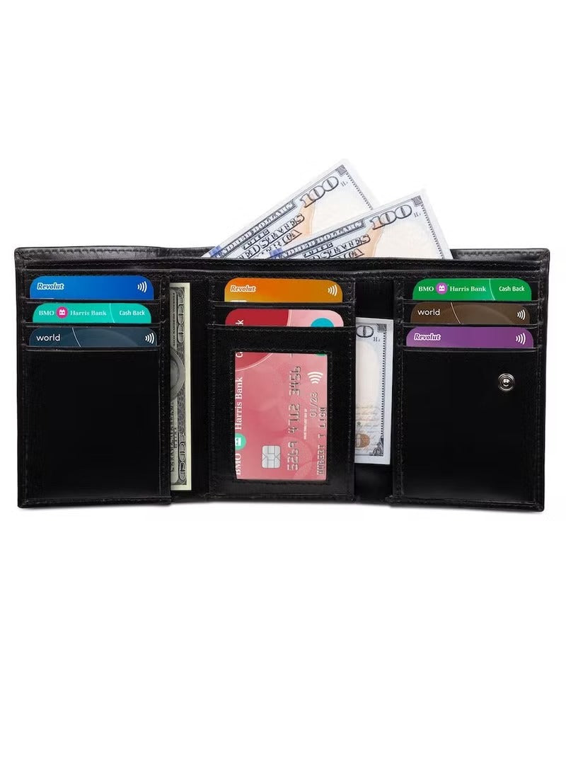SKENZBI Trifold Wallet for Men 100% Leather RFID Protection with ID Window Black