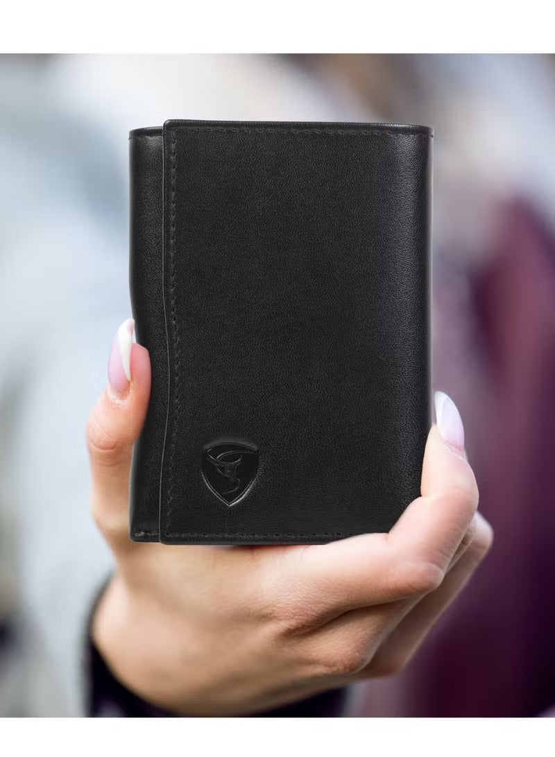 SKENZBI Trifold Wallet for Men 100% Leather RFID Protection with ID Window Black