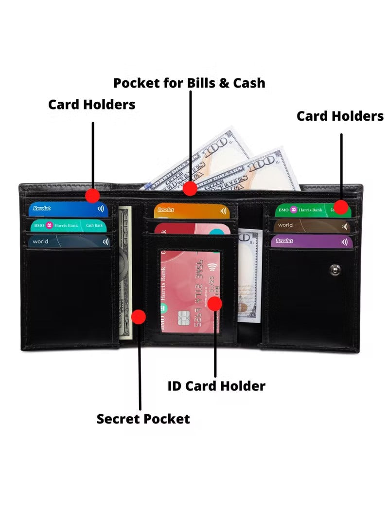 SKENZBI Trifold Wallet for Men 100% Leather RFID Protection with ID Window Black