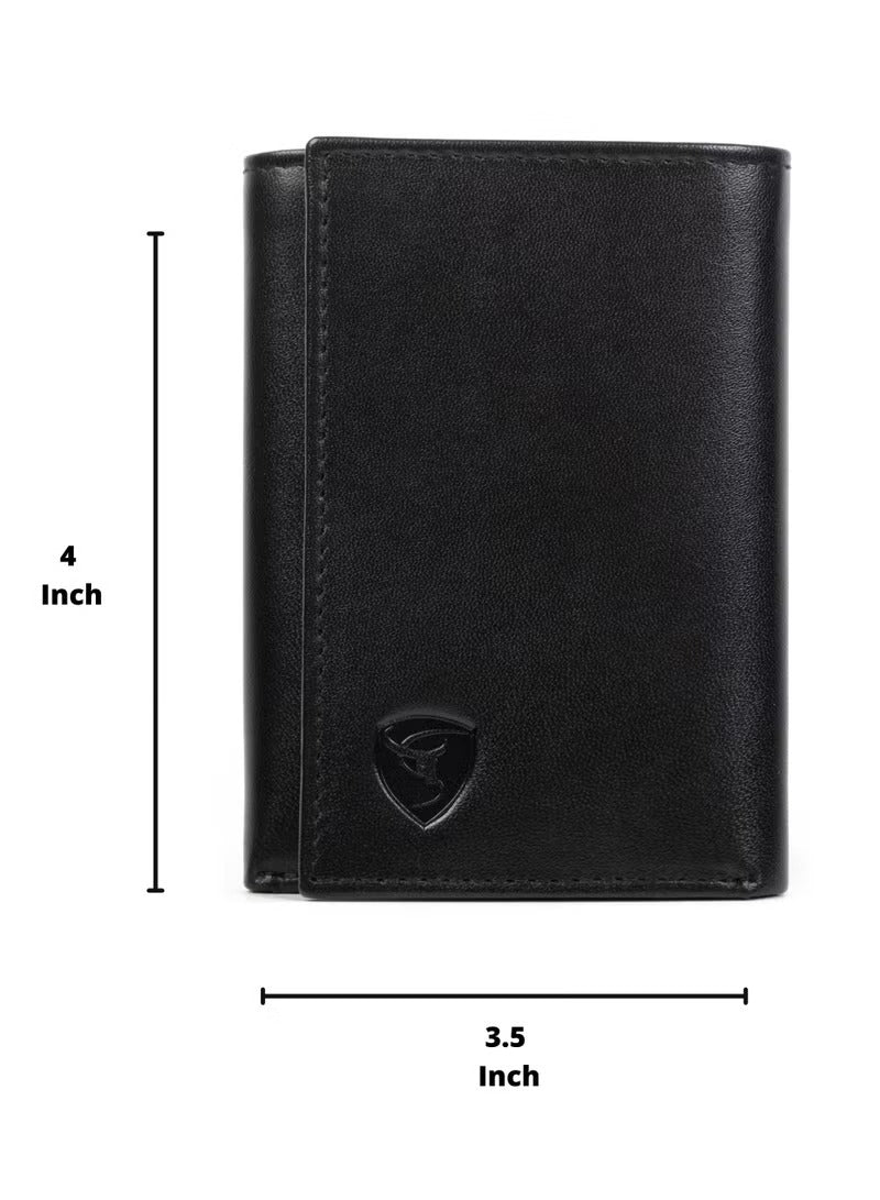 SKENZBI Trifold Wallet for Men 100% Leather RFID Protection with ID Window Black