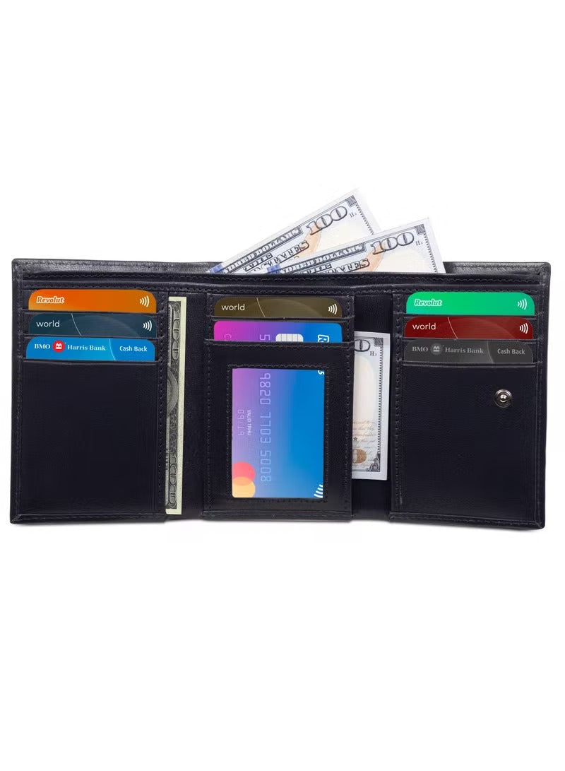 SKENZBI Trifold Wallet for Men 100% Leather RFID Protection with ID Window Black