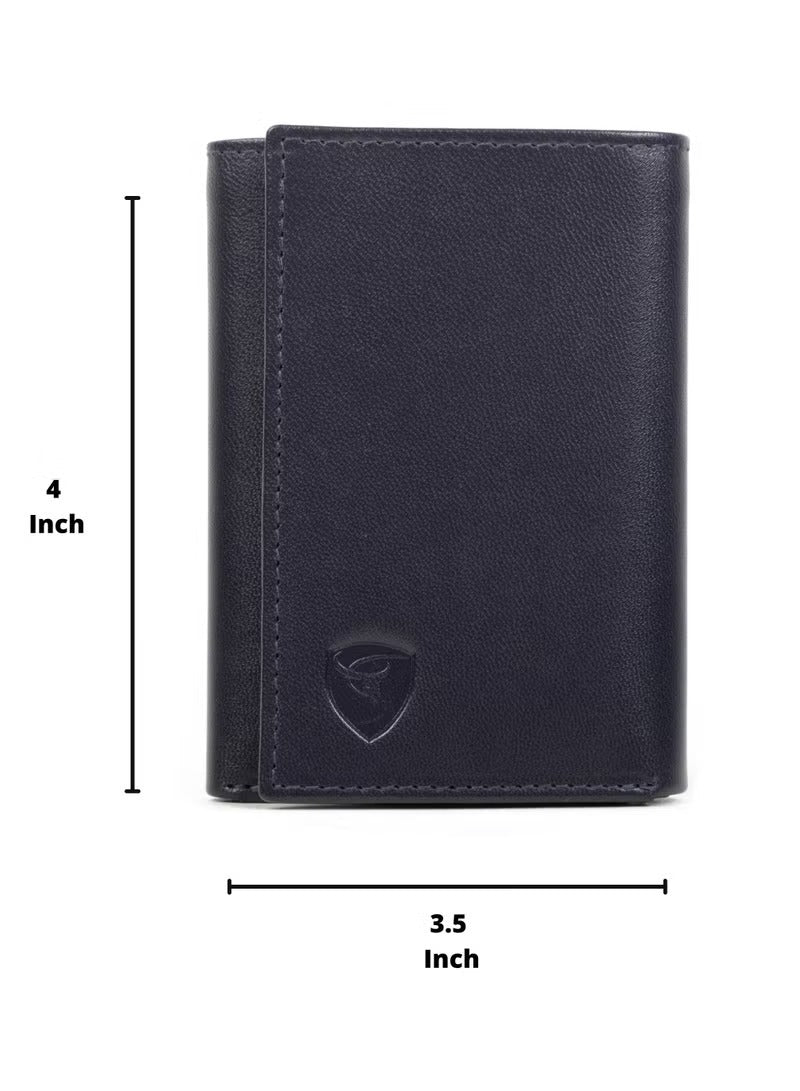 SKENZBI Trifold Wallet for Men 100% Leather RFID Protection with ID Window Black
