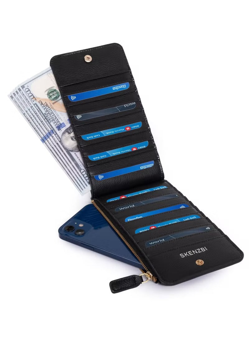SKENZBI Women's Wallet RFID Blocking Leather Multi Card Organizer with Zipper Pocket Black