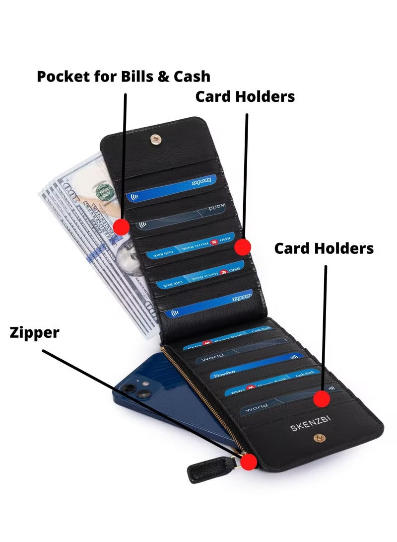 SKENZBI Women's Wallet RFID Blocking Leather Multi Card Organizer with Zipper Pocket Black