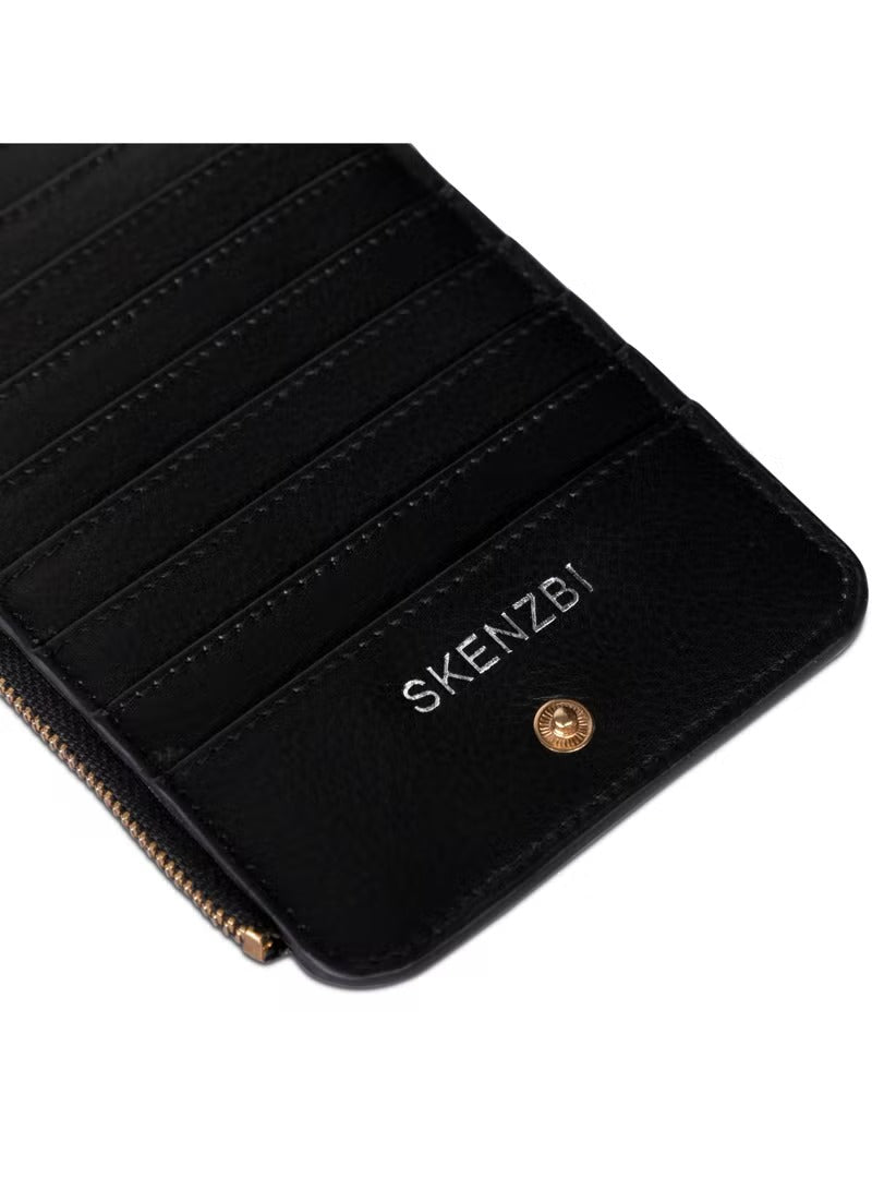 SKENZBI Women's Wallet RFID Blocking Leather Multi Card Organizer with Zipper Pocket Black