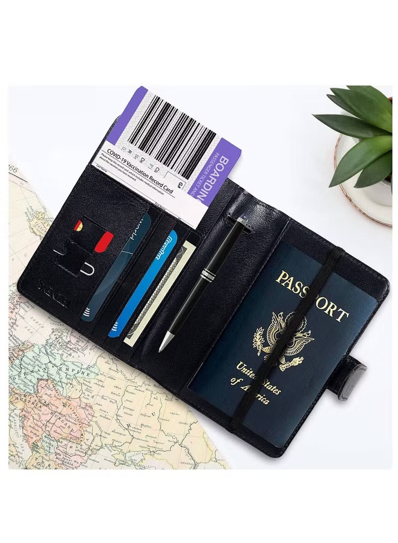 Passport Holder 100% Leather Travel Wallet Cover RFID Blocking Organizer Case Black