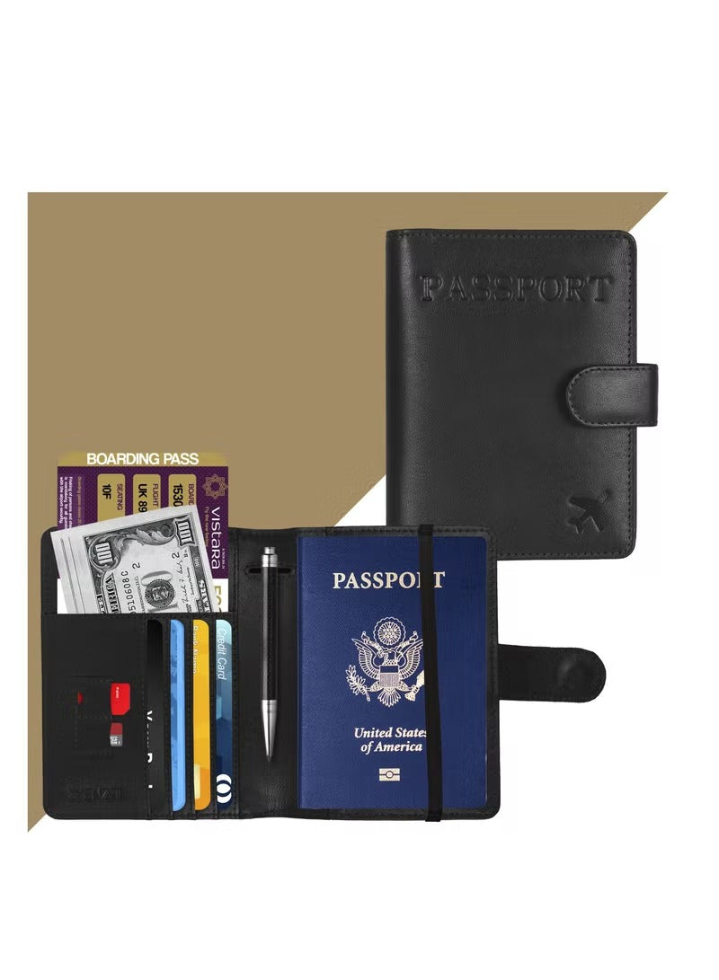 Passport Holder 100% Leather Travel Wallet Cover RFID Blocking Organizer Case Black