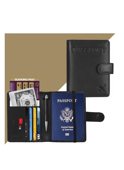 Passport Holder 100% Leather Travel Wallet Cover RFID Blocking Organizer Case Black