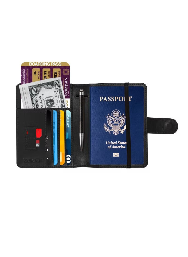 Passport Holder 100% Leather Travel Wallet Cover RFID Blocking Organizer Case Black