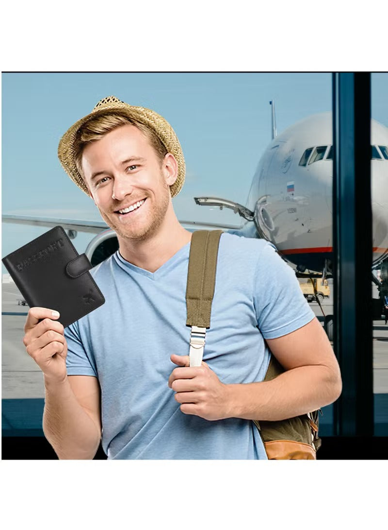 Passport Holder 100% Leather Travel Wallet Cover RFID Blocking Organizer Case Black