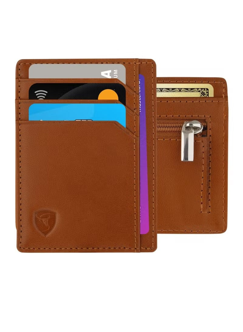 SKENZBI Wallet Leather Cardholder For Men Women Minimalist RFID Protected Tan